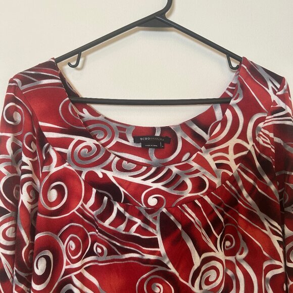 BCBGMaxAzria 3/4-sleeve scoopneck blouson dress, red swirl pattern, sz M - Picture 4 of 9
